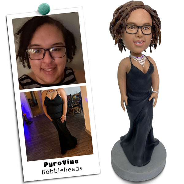 Custom Bobblehead Lady in Black Evening Dress - Personalized Gift for Her