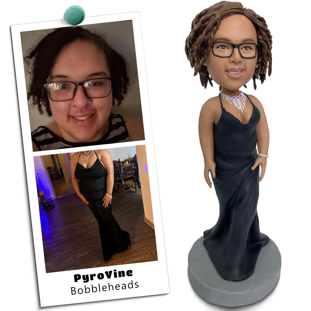 Custom Bobblehead Lady in Black Evening Dress - Personalized Gift for Her